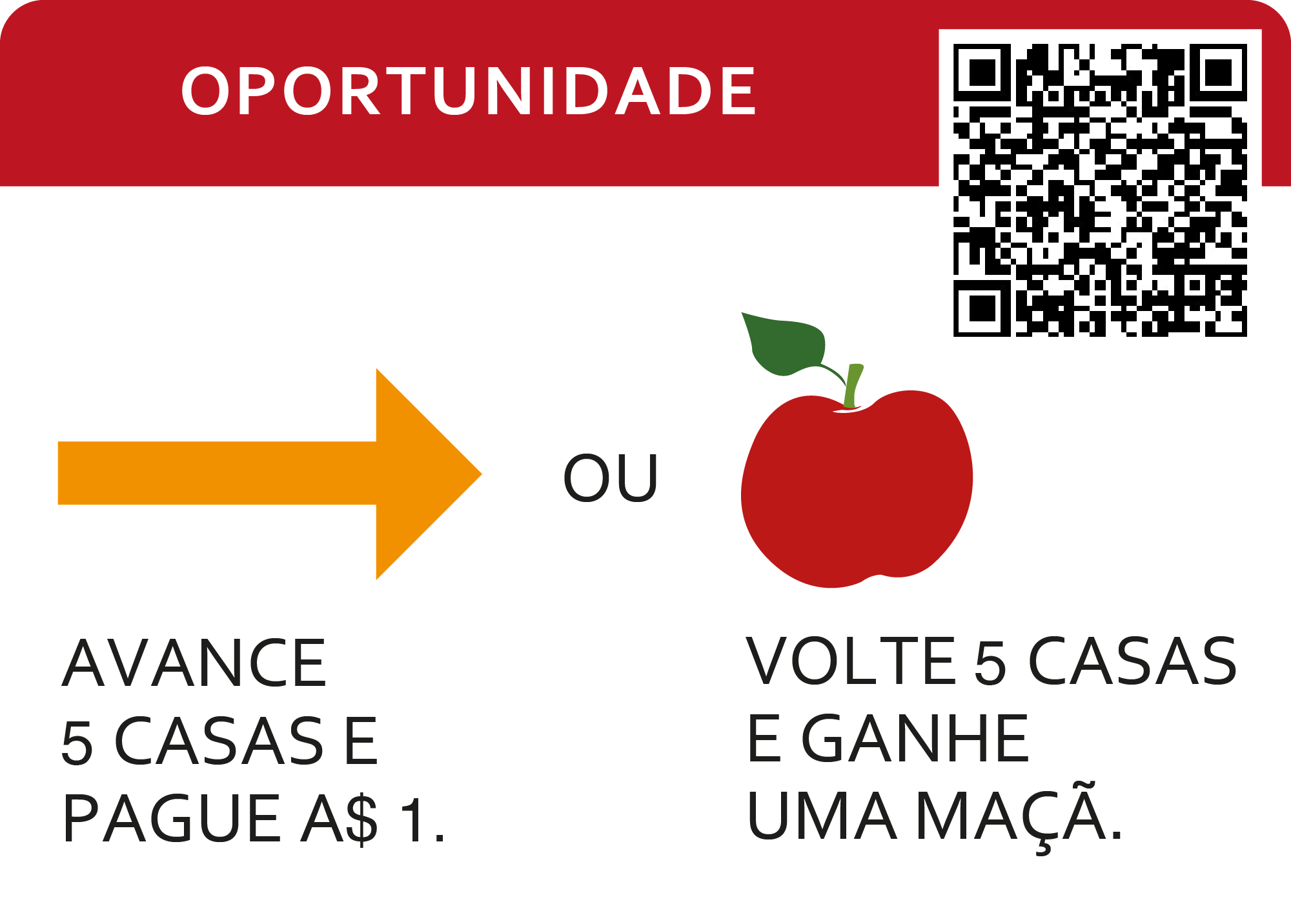 Oportunidade. caminhar 5 casas e pague 1 dinheiro. ou você voltar 5 casas e ganhar maçã.